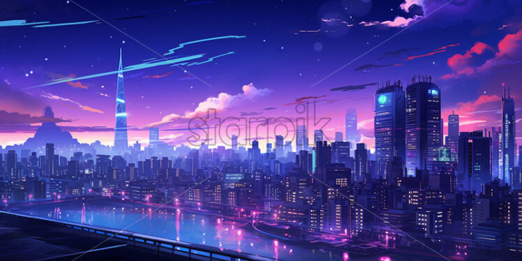 An anime-style city at night, created in 2d software - Starpik Stock