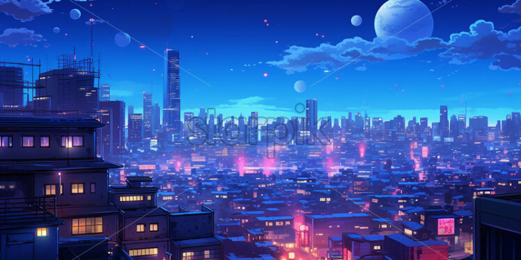 An anime-style city at night, created in 2d software - Starpik Stock