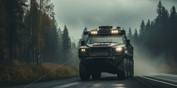 An armored truck drives through the forest - Starpik Stock