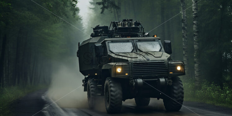 An armored truck drives through the forest - Starpik Stock