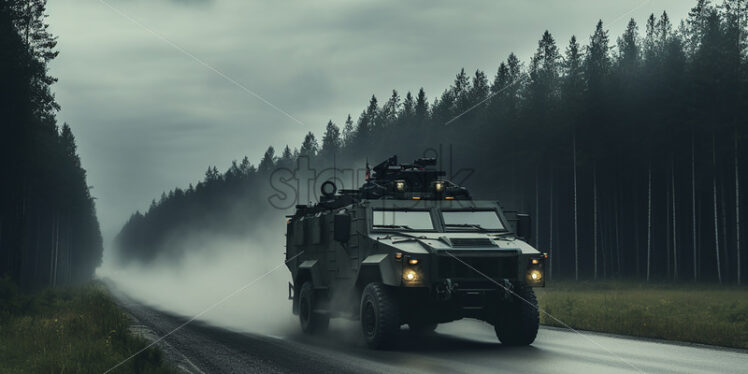 An armored truck drives through the forest - Starpik Stock