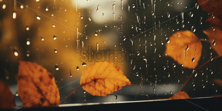 An autumn scene with rain and leaves on the window - Starpik Stock