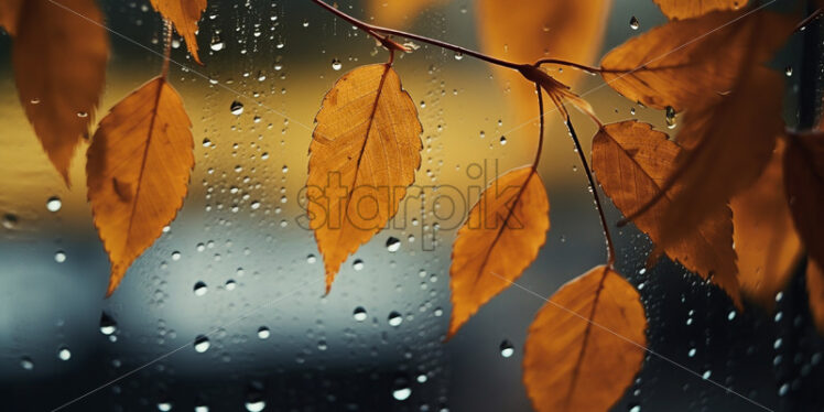 An autumn scene with rain and leaves on the window - Starpik Stock