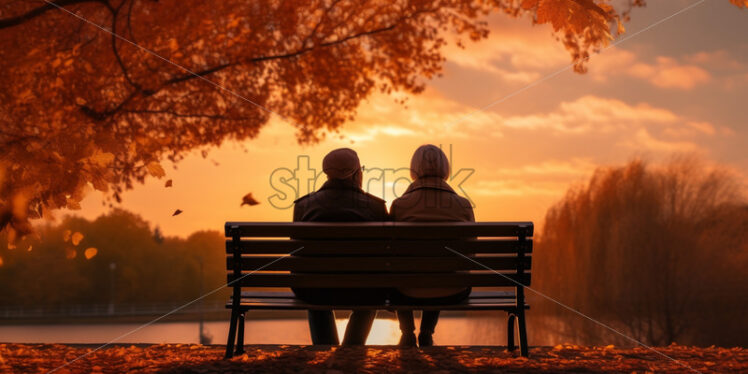 An elderly couple sits on a park bench in autumn - Starpik Stock