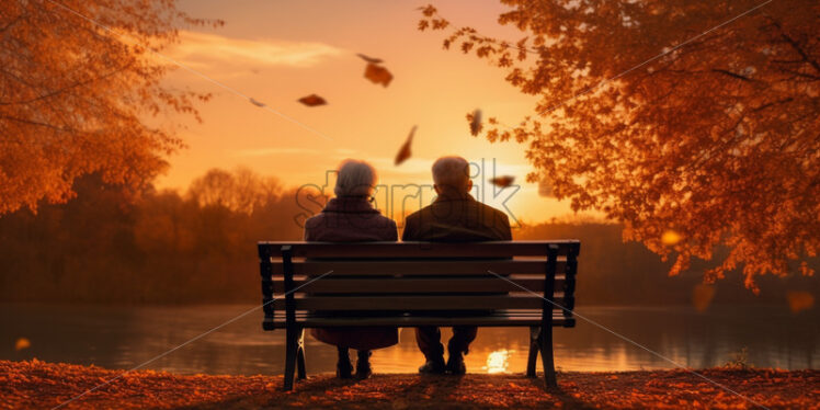 An elderly couple sits on a park bench in autumn - Starpik Stock