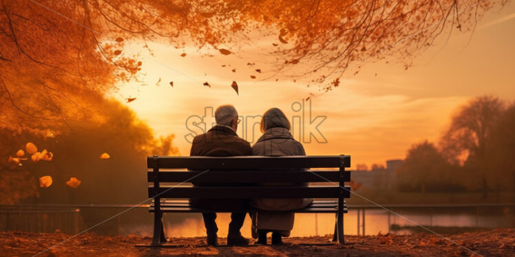 An elderly couple sits on a park bench in autumn - Starpik Stock