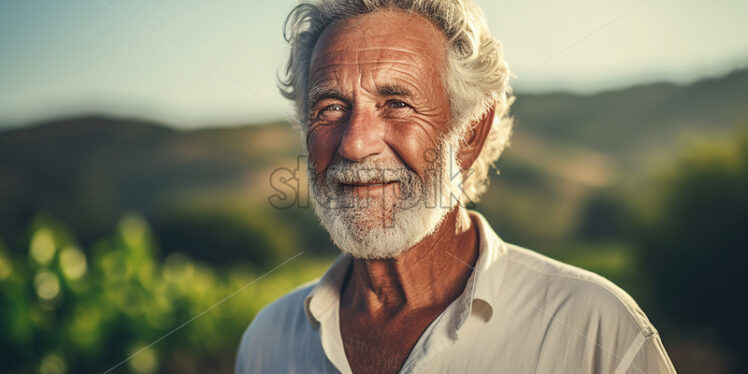 An elderly farmer on the background of a field with vines - Starpik Stock