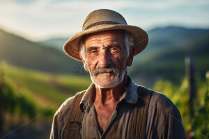 An elderly farmer on the background of a field with vines - Starpik