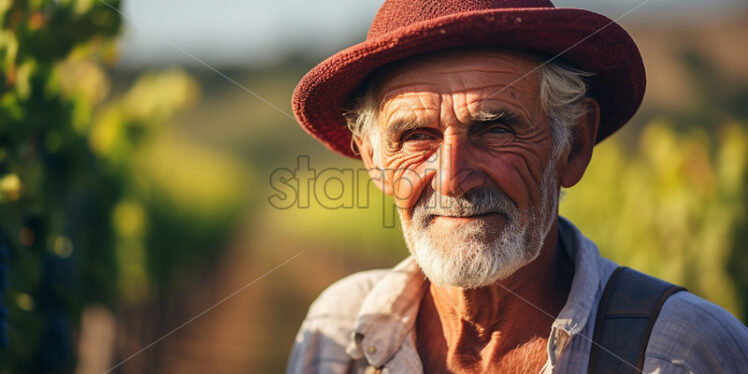 An elderly farmer on the background of a field with vines - Starpik Stock