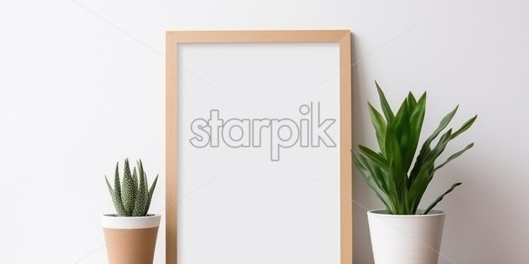 An empty frame on a table with indoor flowers - Starpik Stock