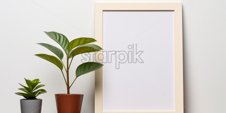 An empty frame on a table with indoor flowers - Starpik Stock