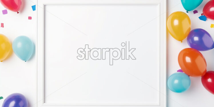 An empty photo frame on a white background, with balloons on the edges - Starpik Stock