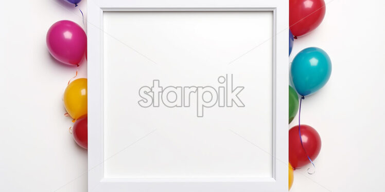 An empty photo frame on a white background, with balloons on the edges - Starpik Stock