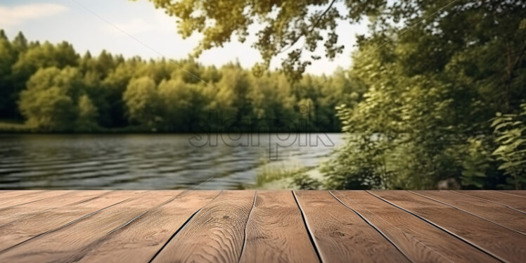 An empty wooden table, on the edge of a lake - Starpik Stock