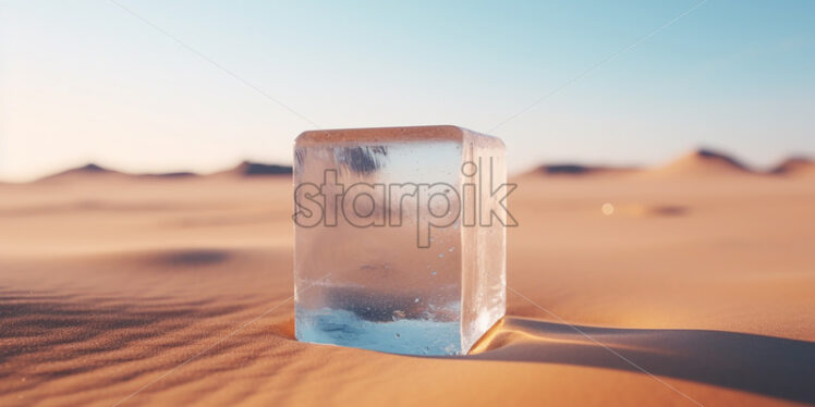 An ice cube in a desert on the sand - Starpik Stock