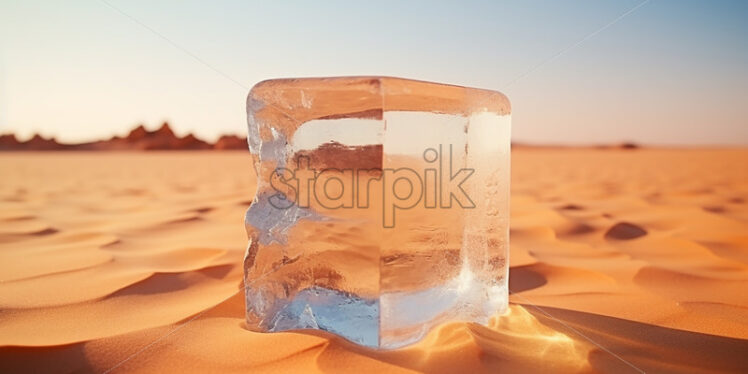 An ice cube in a desert on the sand - Starpik Stock