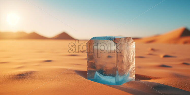 An ice cube in a desert on the sand - Starpik Stock