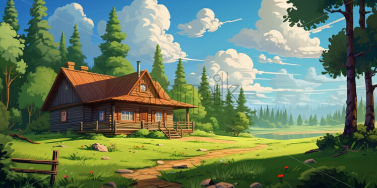 An illustration of a wooden house in the middle of a forest - Starpik Stock