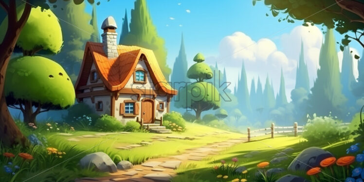 An illustration of a wooden house in the middle of a forest - Starpik Stock