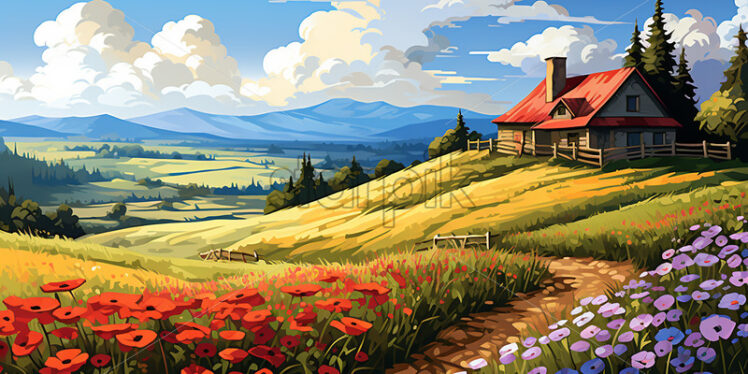 An illustration with a farm created in 2d software - Starpik Stock