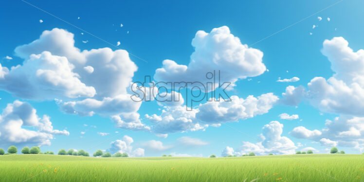 An illustration with clouds over a plain, digital illustration - Starpik Stock