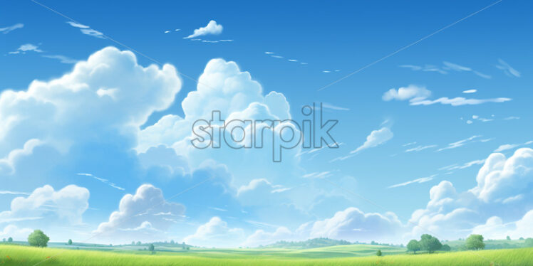 An illustration with clouds over a plain, digital illustration - Starpik Stock