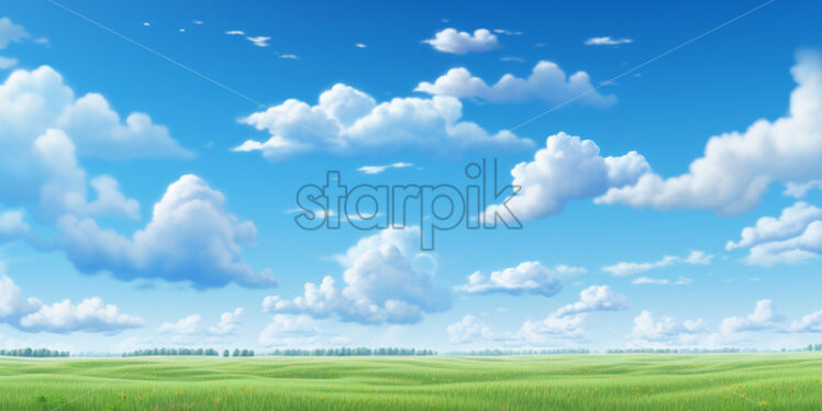 An illustration with clouds over a plain, digital illustration - Starpik Stock