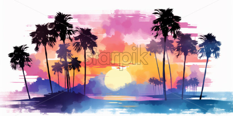 An illustration with palm trees on a beach in watercolor, clipart style - Starpik Stock