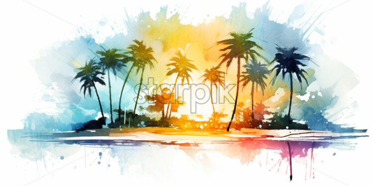 An illustration with palm trees on a beach in watercolor, clipart style - Starpik Stock