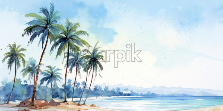 An illustration with palm trees on a beach in watercolor, clipart style - Starpik Stock