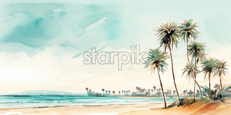 An illustration with palm trees on a beach in watercolor, clipart style - Starpik Stock