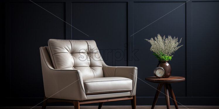 An ivory armchair with a thin wall in the background - Starpik Stock