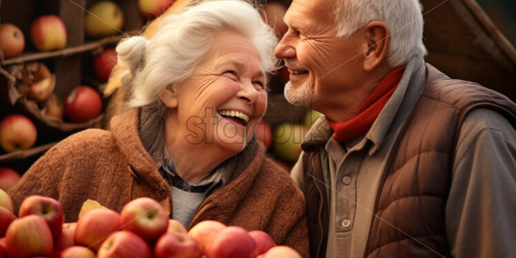 An old couple collecting apples harvest fall season beautiful - Starpik