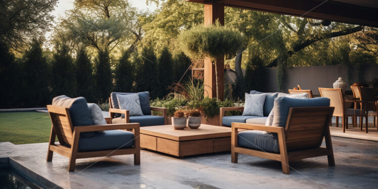 An outdoor living room with furniture next to the pool - Starpik Stock
