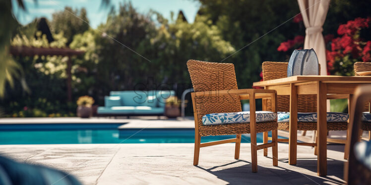 An outdoor living room with furniture next to the pool - Starpik Stock