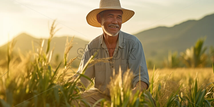 Asian 50 year old farmer looked so happy  in the middle of the  rice field - Starpik Stock