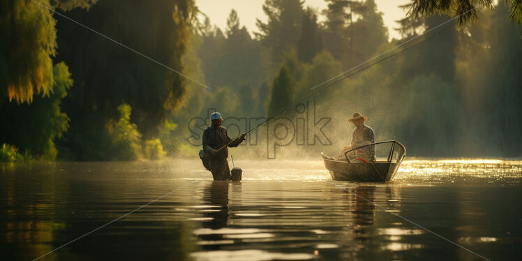 Asian 50 years old fisherman casting a net on a lake  - Starpik Stock