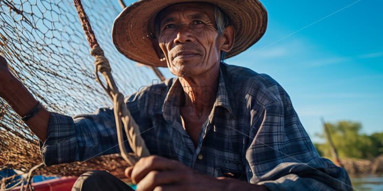 Asian 50 years old fisherman casting a net on a lake - Starpik Stock