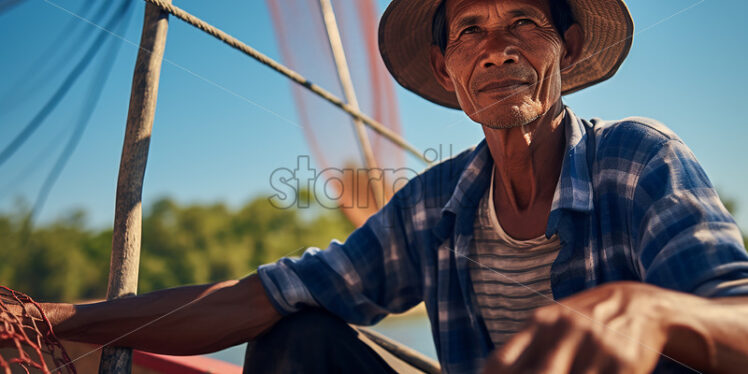 Asian 50 years old fisherman casting a net on a lake - Starpik Stock