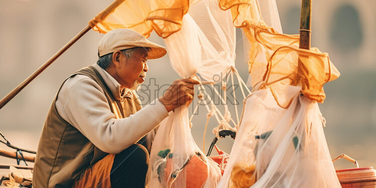 Asian 50 years old fisherman casting a net on a lake - Starpik Stock