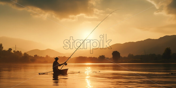 Asian 50 years old fisherman holding a fishing rod on a lake - Starpik Stock