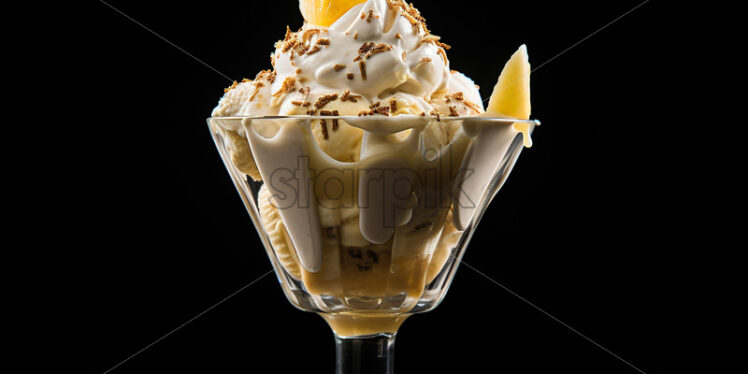 Banana ice cream in a glass cup on a black background - Starpik Stock