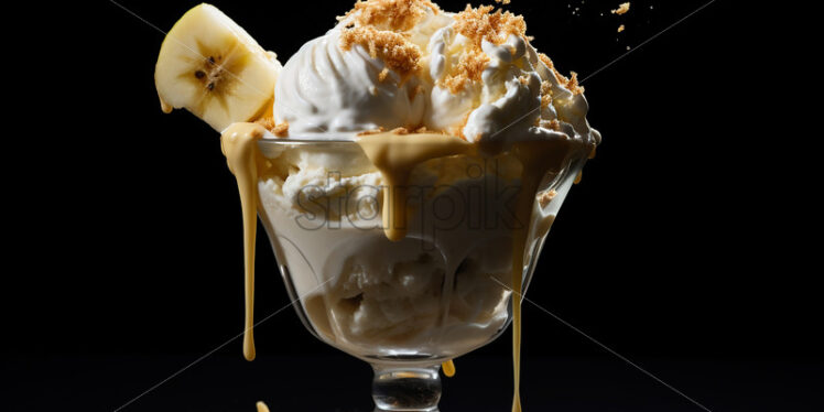 Banana ice cream in a glass cup on a black background - Starpik Stock