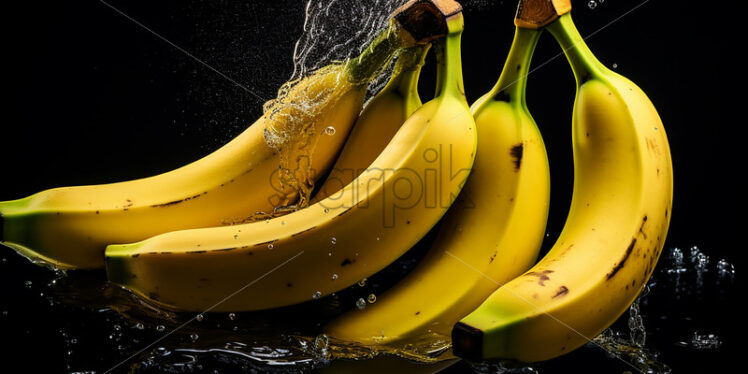 Bananas with splashes of water on them on black background - Starpik