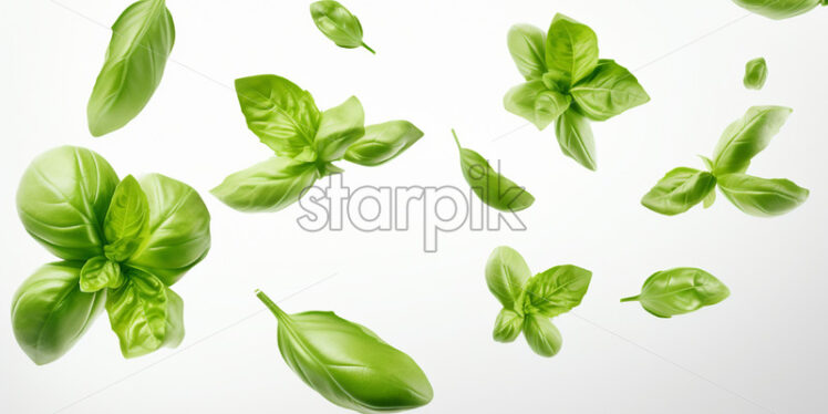 Basil leaves floating in the air on a white background - Starpik Stock