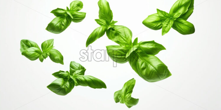 Basil leaves floating in the air on a white background - Starpik Stock