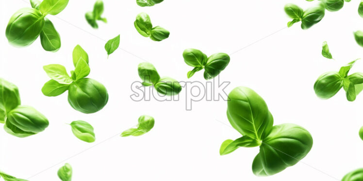 Basil leaves floating in the air on a white background - Starpik Stock