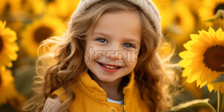 Beautiful little girl in a sunflower meadow with curled hair natural - Starpik