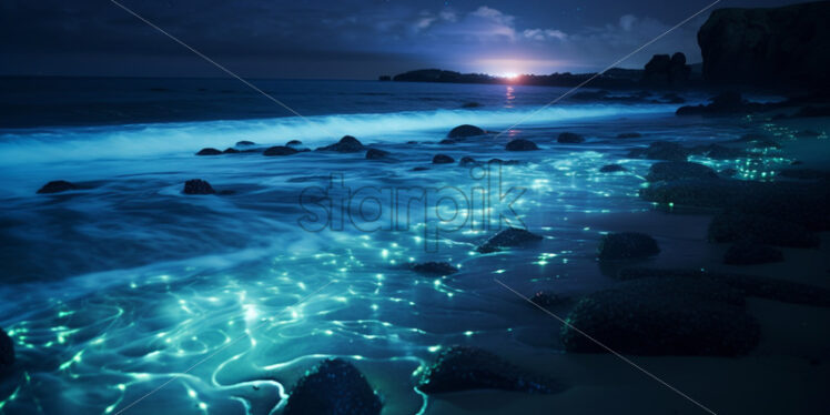 Bioluminescent plankton on a beach at night - Starpik Stock