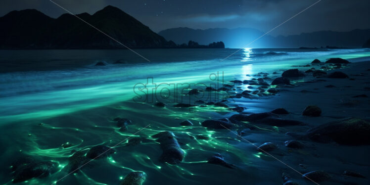 Bioluminescent plankton on a beach at night - Starpik Stock